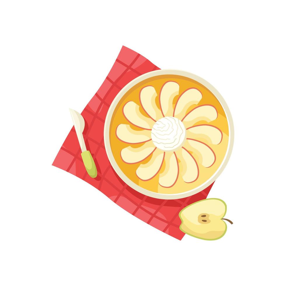 ilustración vectorial de una tarta de manzana con una bola de helado sobre un mantel rojo. endecha plana vector