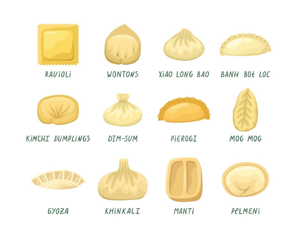 Vector set of illustrations of dumplings from different countries of the world. National cuisine.