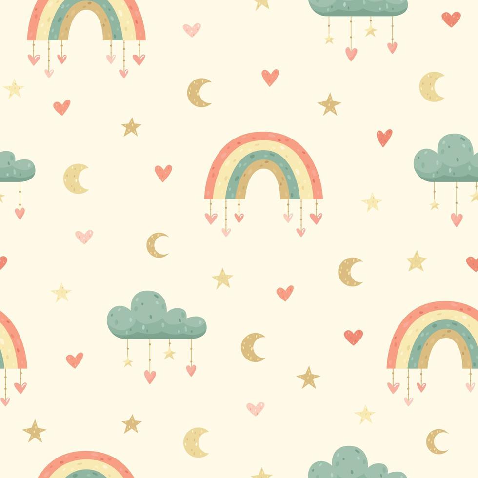 Children's vector seamless pattern with cute rainbows and clouds.