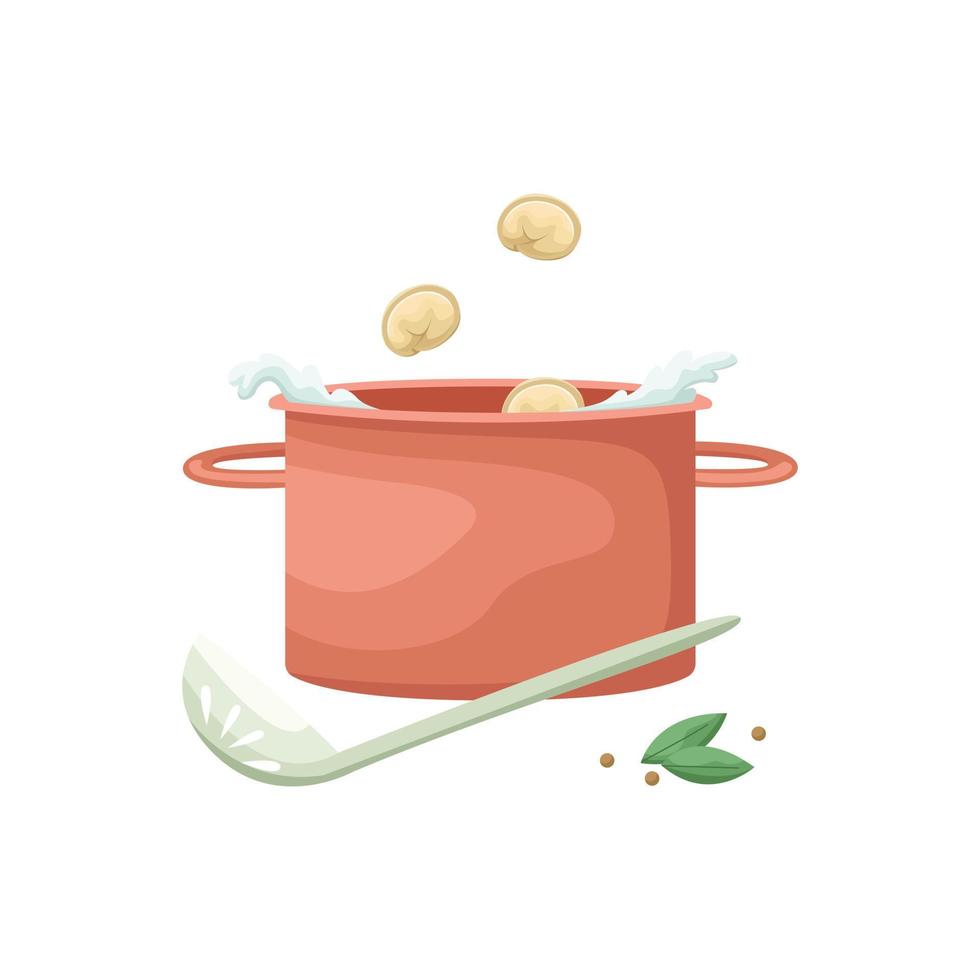 Vector illustration of a pot into which Russian dumplings are thrown. Cooking pelmenies. National food.
