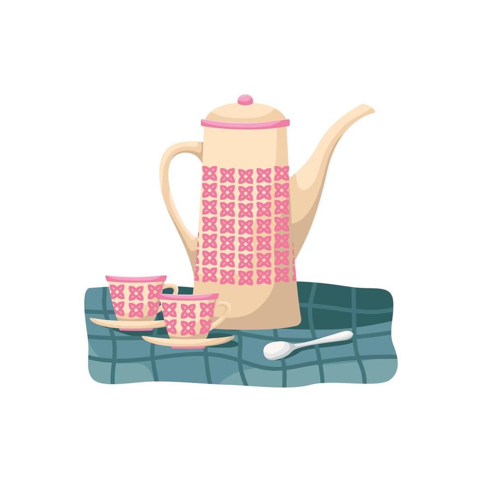 Vector illustration of a retro tea set. A teapot and two tea pairs on the blue tablecloth.