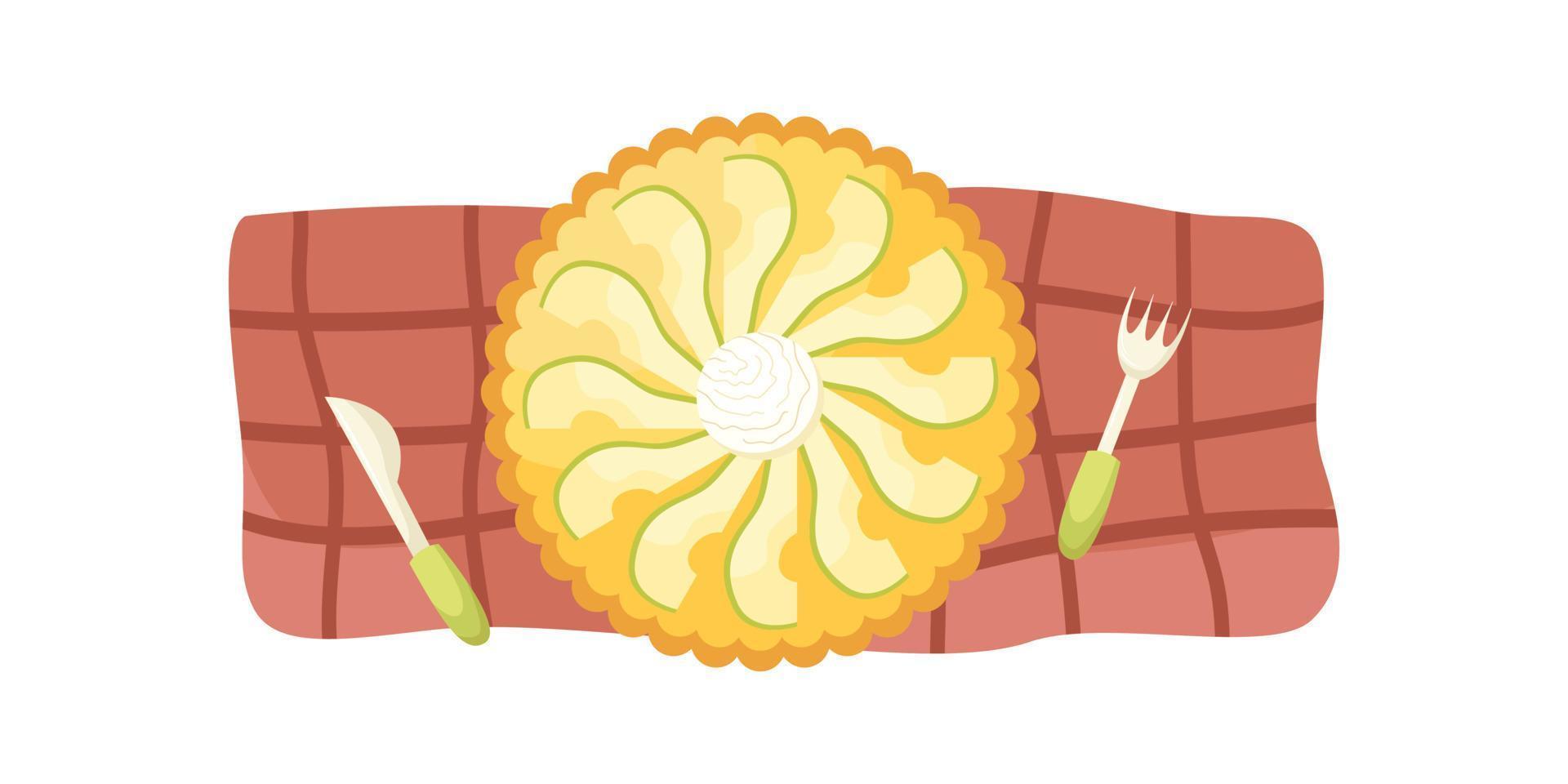 Vector illustration of an pear pie with an ice cream ball on a red tablecloth. Flat lay