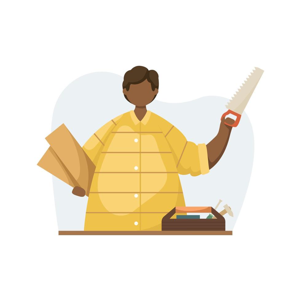 Vector illustration of a carpenter with wooden planks and a saw in his hands. Profession. Outline