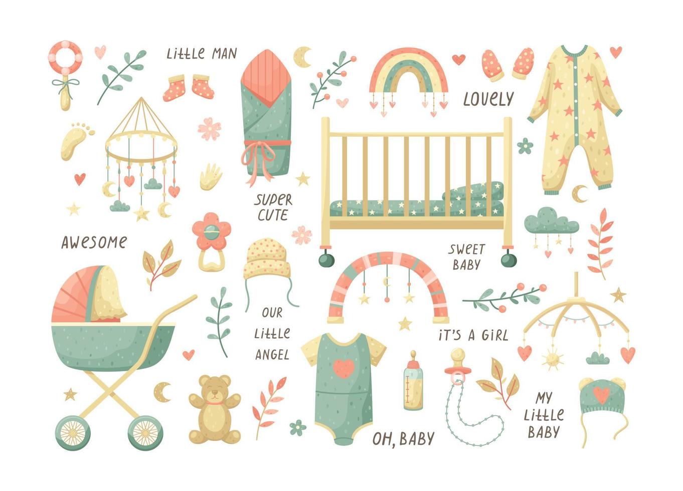 Vector set of children's illustrations with handwritten lettering . Items for newborns.