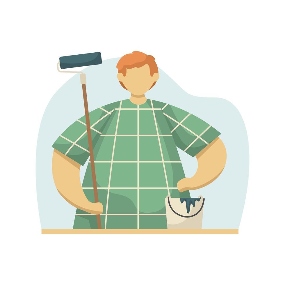 Vector illustration of a painter with a roller and a bucket of paint. Profession. Flat style