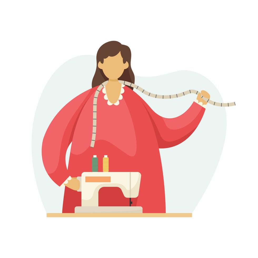 Vector illustration of a seamstress with a sewing machine and measuring tape. Profession. Flat style
