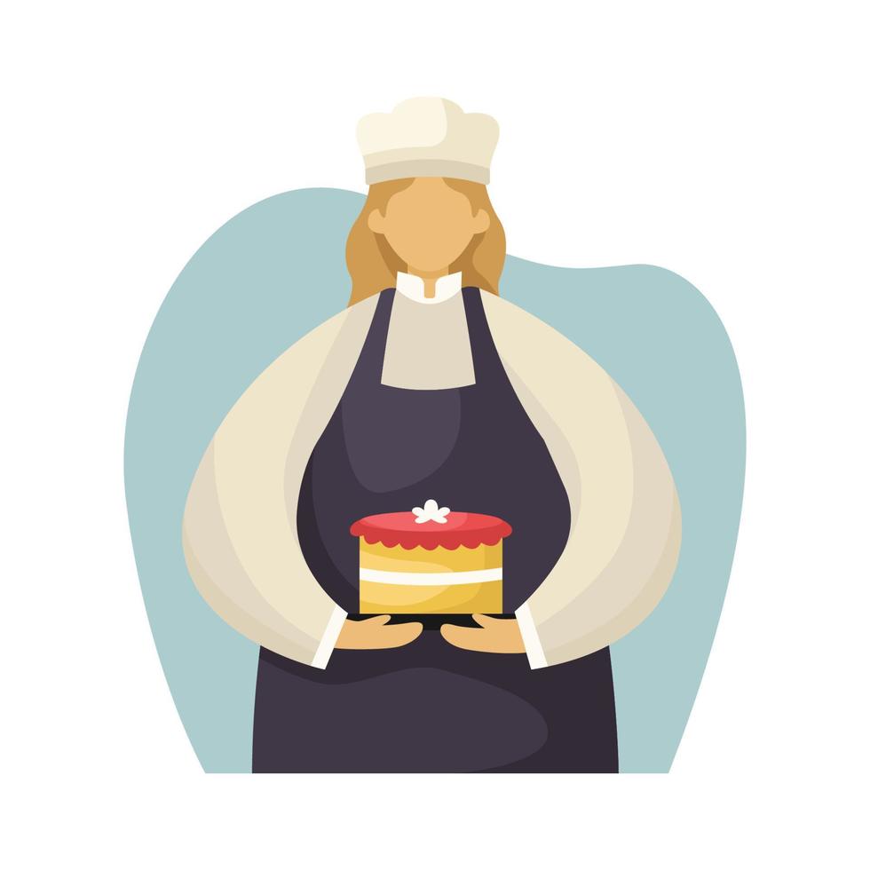 Vector illustration of a pastry chef in uniform with a cake in her hands. Profession. Flat style