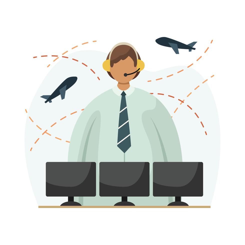 Vector illustration of an air traffic controller with a headset on his head in front of monitors. Profession. Line art
