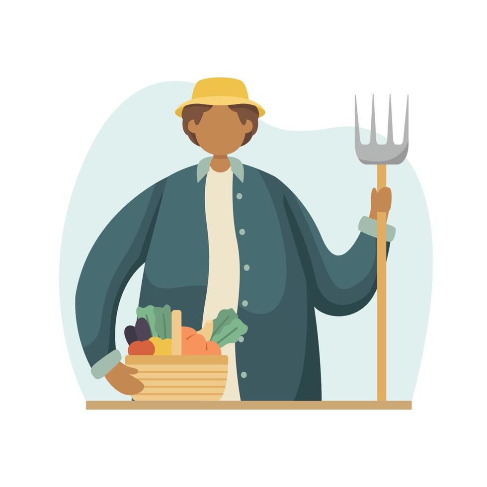 Vector illustration of a farmer with a pitchfork in his hand and a basket of vegetables. Profession. Flat style