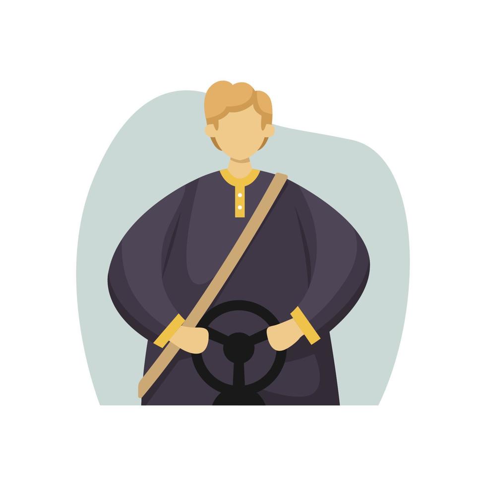 Vector illustration of a driver wearing a seat belt and hands on the steering wheel. Profession. Flat style