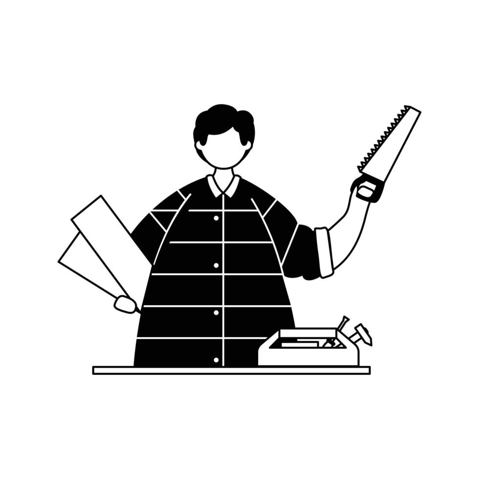 Vector illustration of a carpenter with wooden planks and a saw in his hands. Profession. Outline