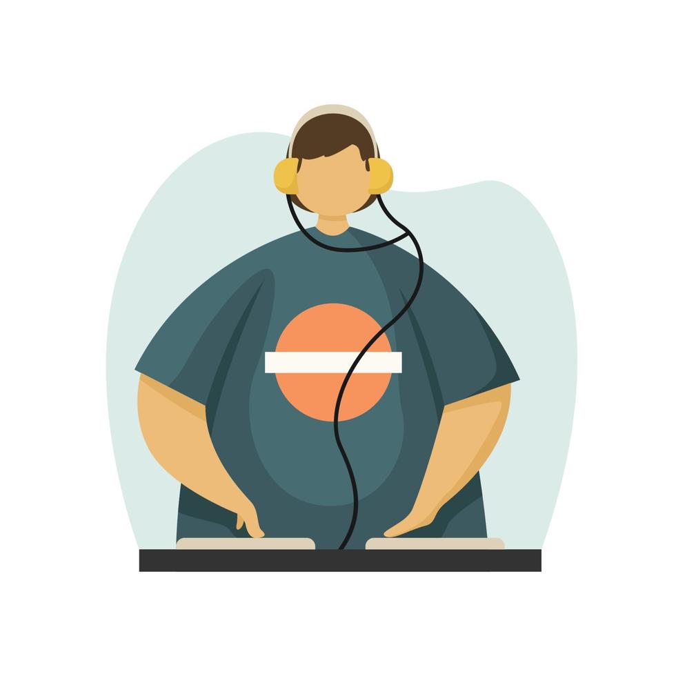 Vector illustration of a DJ with headphones playing music. Profession. Flat style