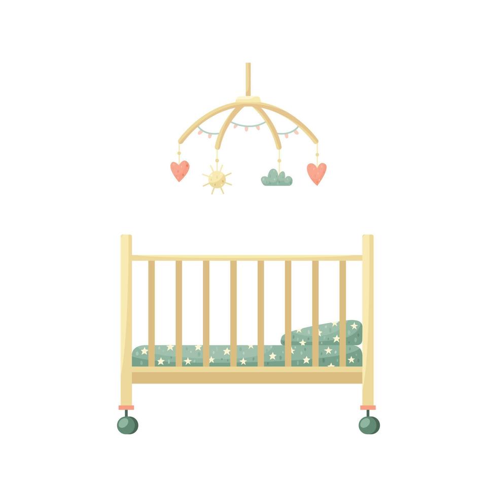 Vector children's illustration with a crib and a mobile with toys.