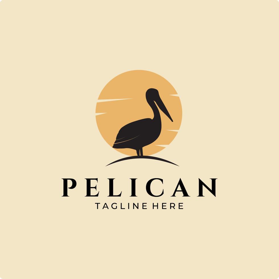 pelican bird silhouette logo vintage with sun background vector illustration design