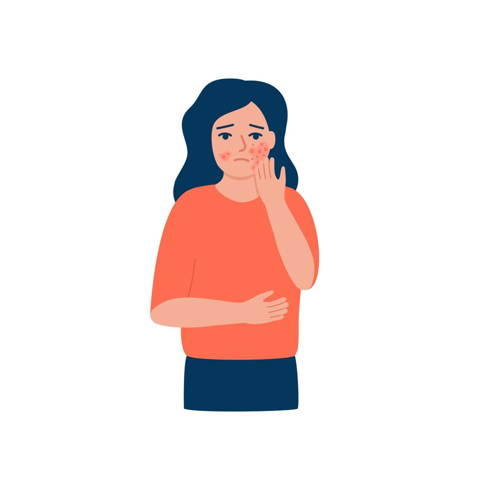 Problem skin on face woman, allergy and acne. Girl is upset and holds on to her face. Vector illustration