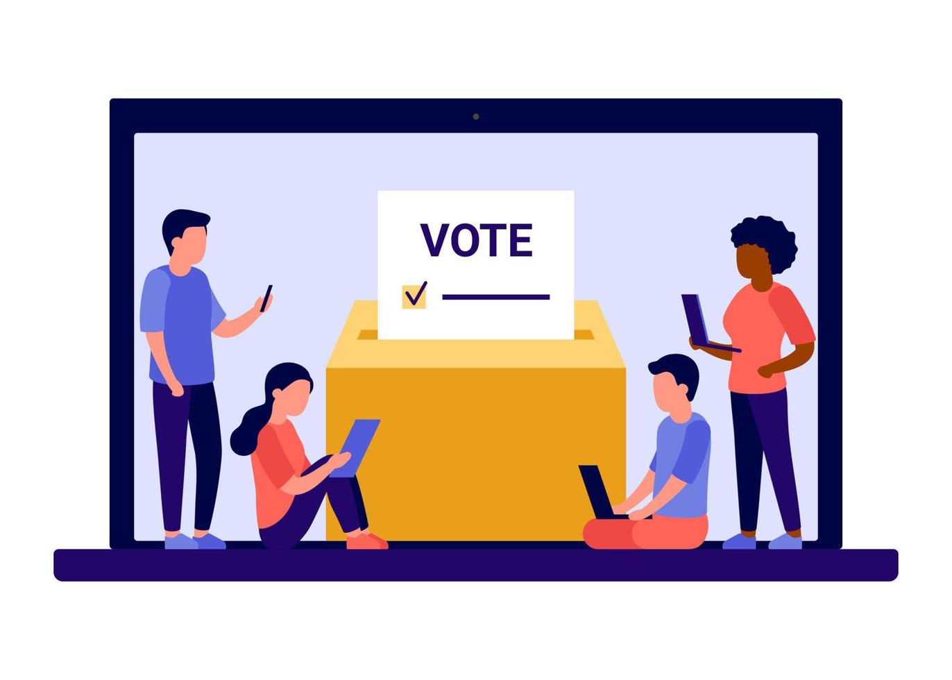 Online voting concept with computer screen, electronic vote campaign on election. Voting box and voters choose. Put ballot paper in ballot box. Online electronic voting and election concept. Vector