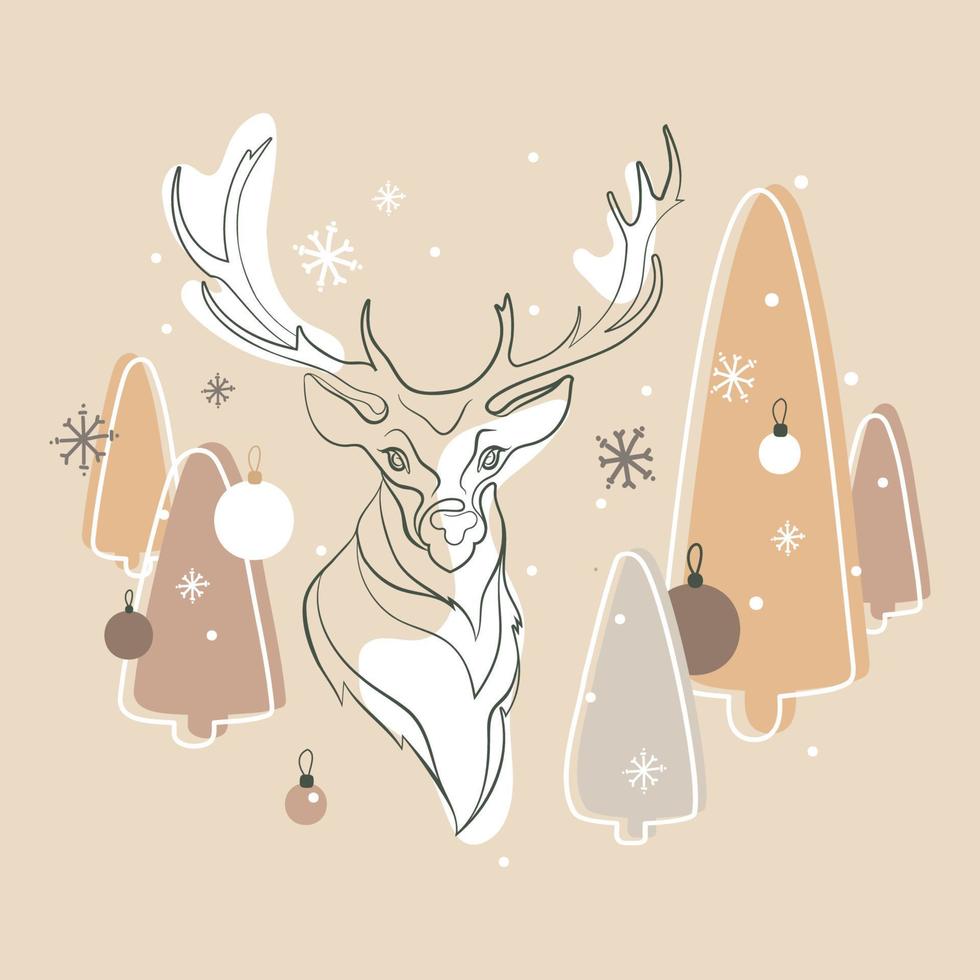 Merry Christmas and Happy New Year modern illustration with deer and christmas trees,snowflakes pastel natural colors vector graphic.Festive background,greeting cards,posters. Xmas festive templates