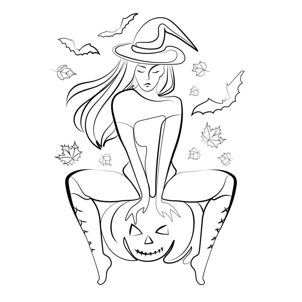 Witch in witch hat sitting on Halloween pumpkin lantern vector Line art illustration on white background.Witch woman with bats and autumn leaves black and white sketch .Halloween design concept