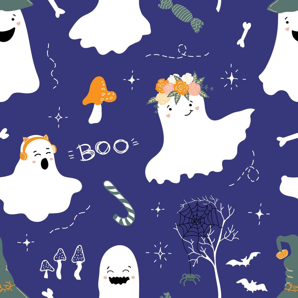 patrón de halloween lindos fantasmas, murciélagos y sombrero de bruja, huesos. impresión de bebé vector