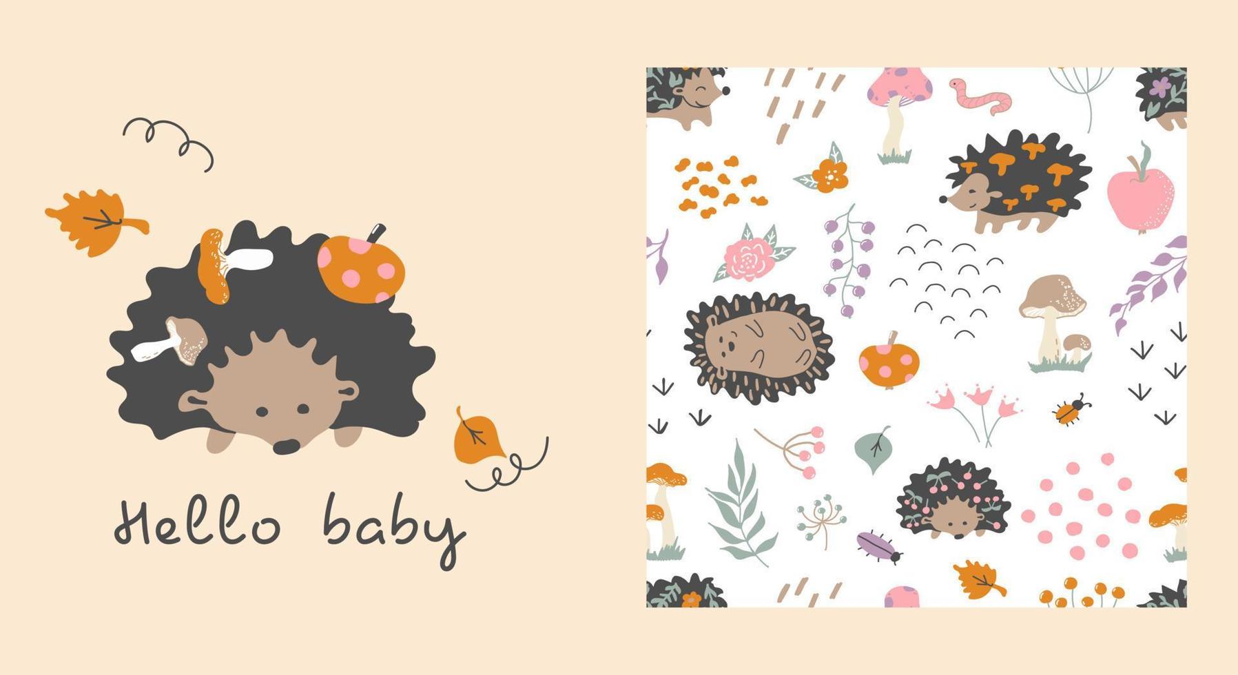 Hedgehogs pattern. Card Hello baby. Vector background. Baby print