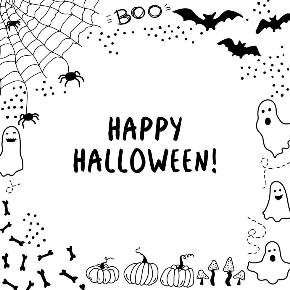 Halloween background. Pumpkins, bats, spiders, ghosts, bones. Frame vector