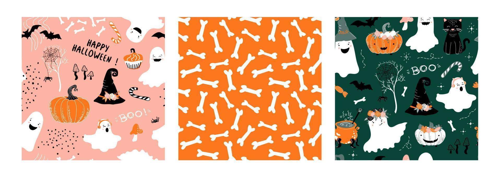 Set of 3 Halloween vector patterns. Cute ghosts, bats. Baby print