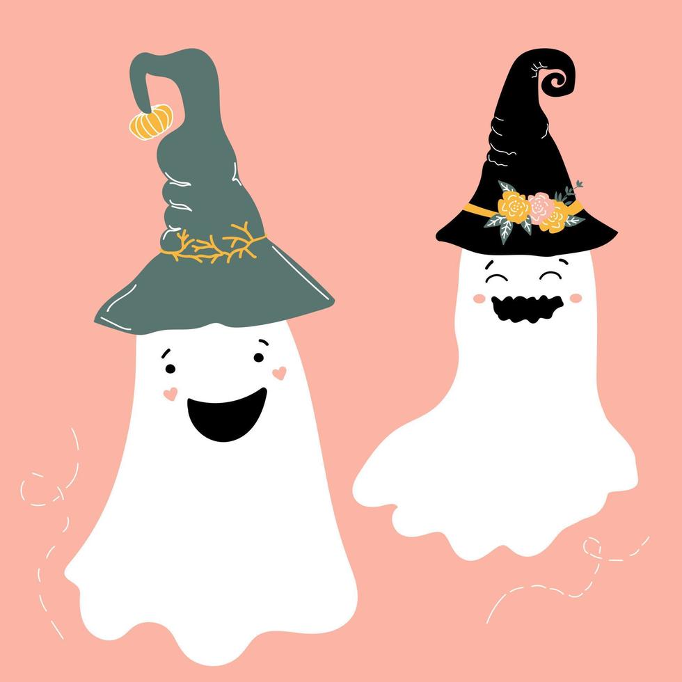 lindos fantasmas sonrientes con sombreros de bruja. Víspera de Todos los Santos vector