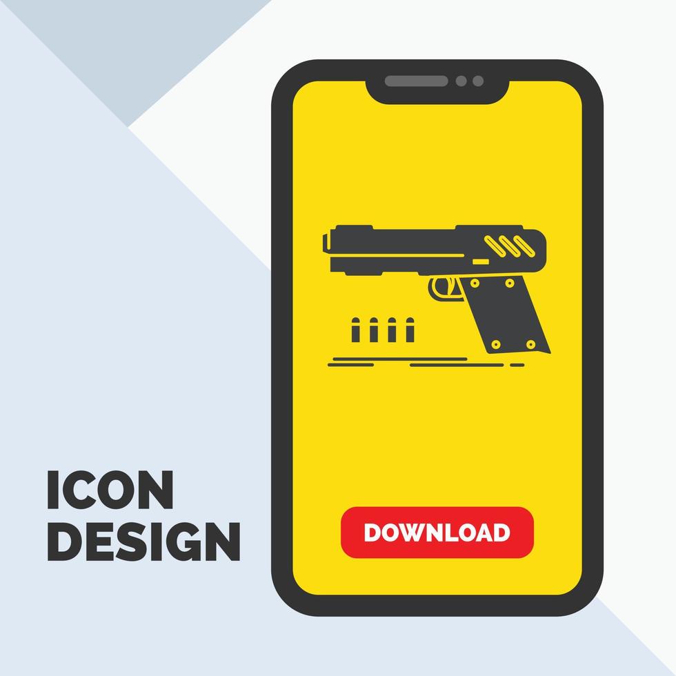 gun. handgun. pistol. shooter. weapon Glyph Icon in Mobile for Download Page. Yellow Background vector