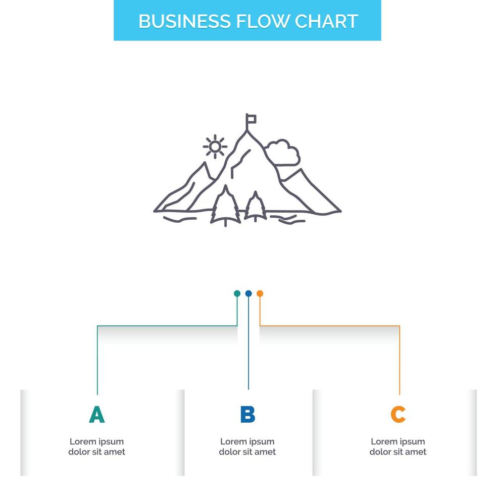 logro. bandera. misión. montaña. diseño de diagrama de flujo empresarial de éxito con 3 pasos. icono de línea para el lugar de plantilla de fondo de presentación para texto vector