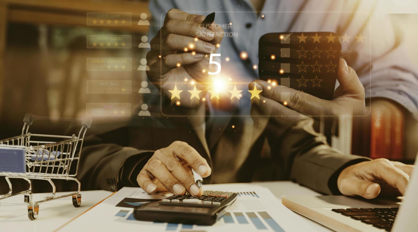 Customer review satisfaction feedback survey concept, User give rating to service experience on online application, Customer can evaluate quality of service leading to reputation ranking of business. photo