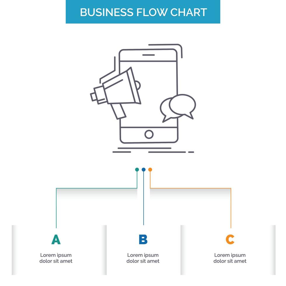 bullhorn. marketing. mobile. megaphone. promotion Business Flow Chart Design with 3 Steps. Line Icon For Presentation Background Template Place for text vector