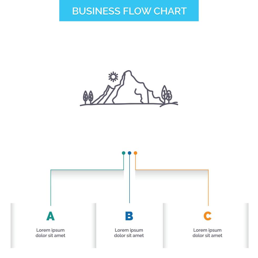 mountain. landscape. hill. nature. tree Business Flow Chart Design with 3 Steps. Line Icon For Presentation Background Template Place for text vector