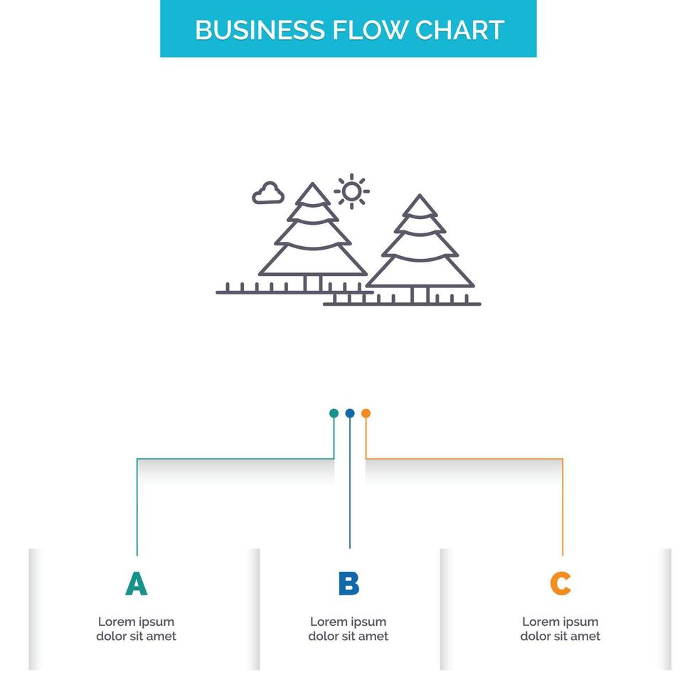forest. camping. jungle. tree. pines Business Flow Chart Design with 3 Steps. Line Icon For Presentation Background Template Place for text vector