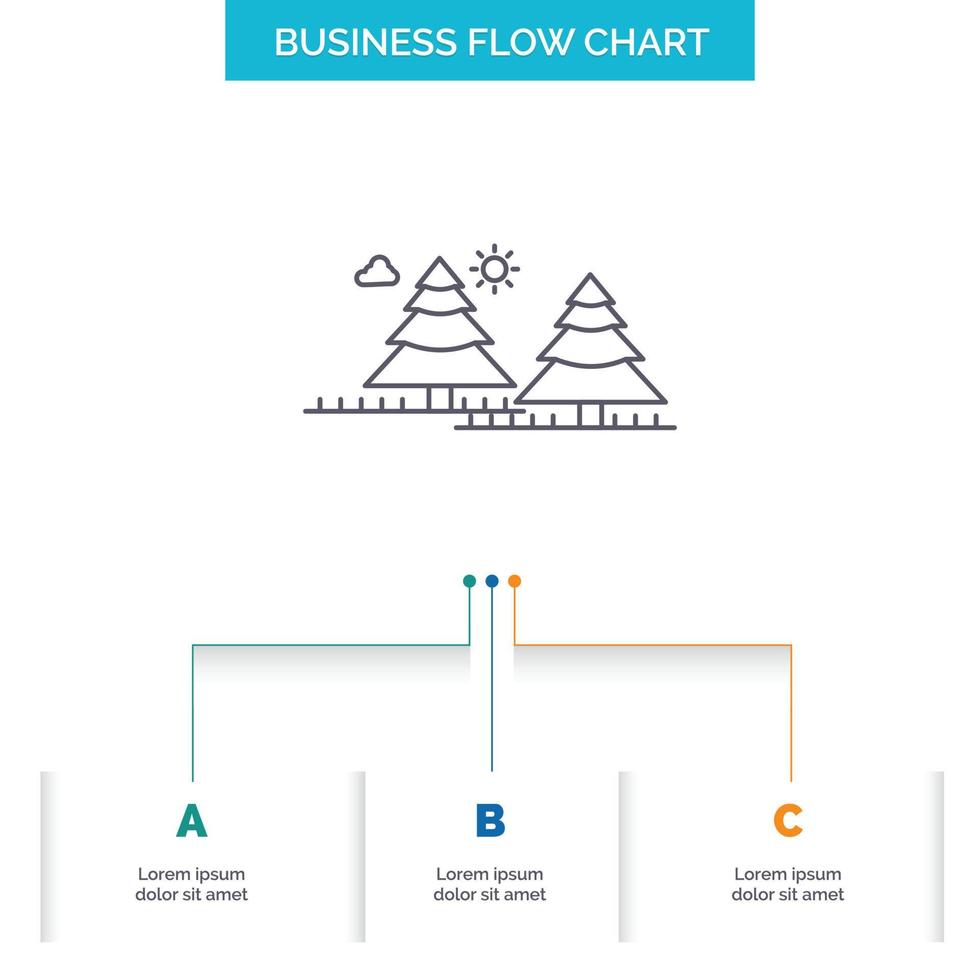 bosque. cámping. selva. árbol. diseño de diagrama de flujo de negocios de pinos con 3 pasos. icono de línea para el lugar de plantilla de fondo de presentación para texto vector