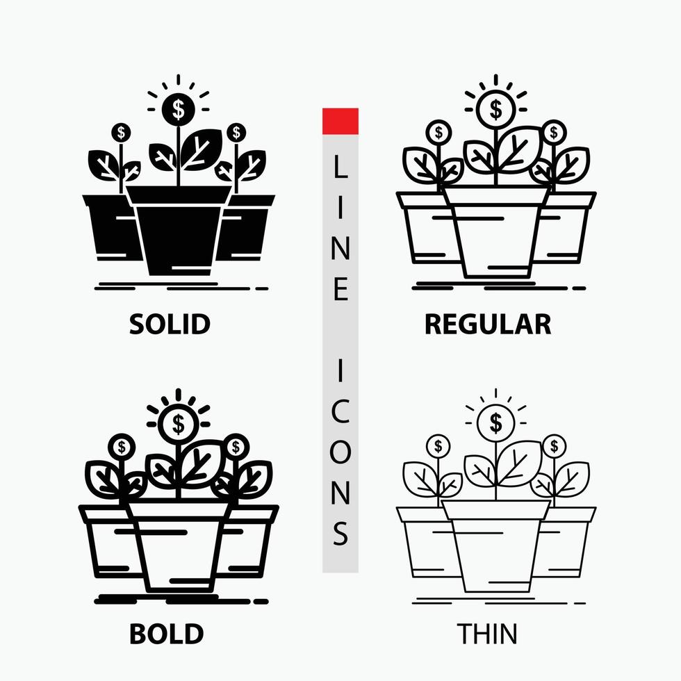 growth. money. plant. pot. tree Icon in Thin. Regular. Bold Line and Glyph Style. Vector illustration