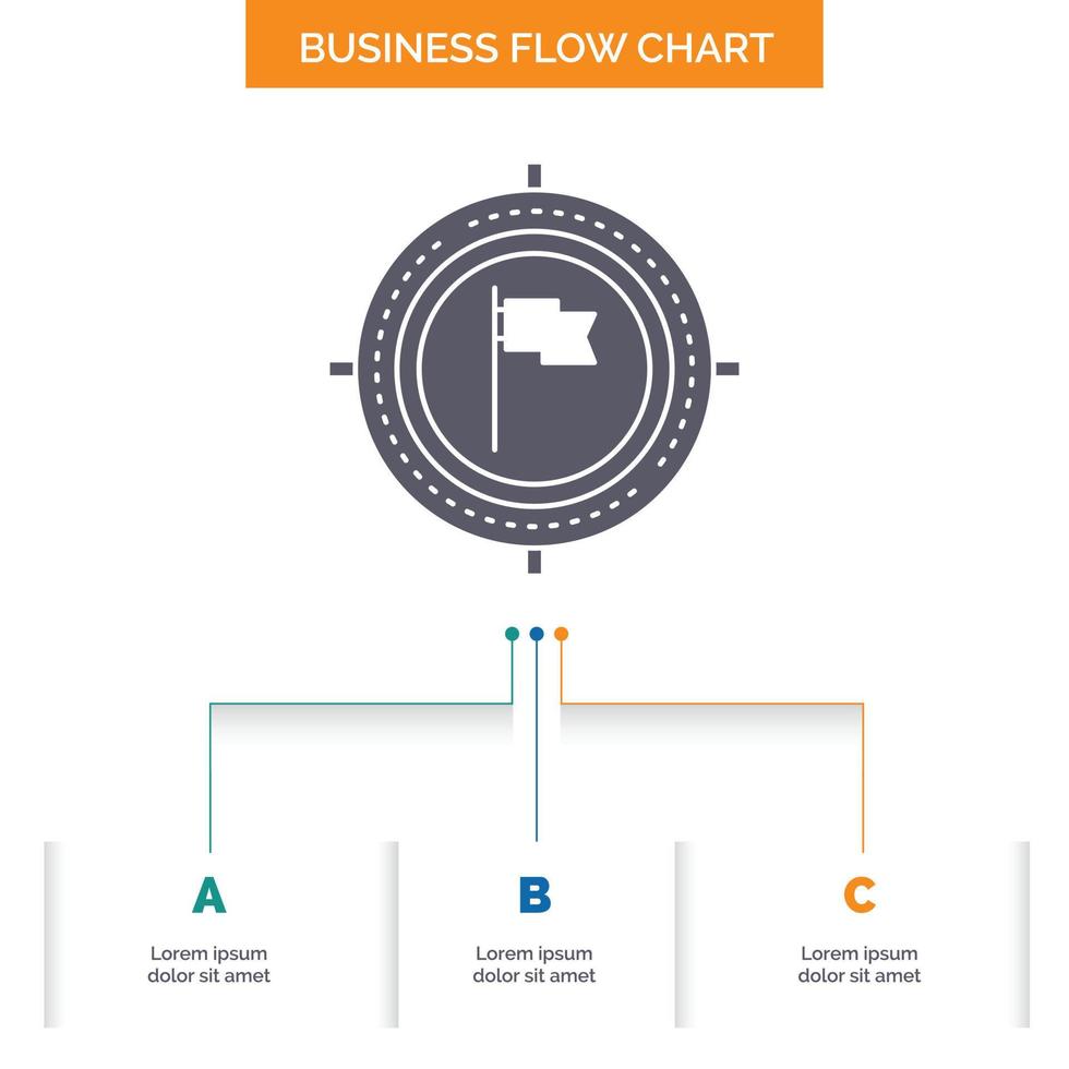 Aim. business. deadline. flag. focus Business Flow Chart Design with 3 Steps. Glyph Icon For Presentation Background Template Place for text. vector