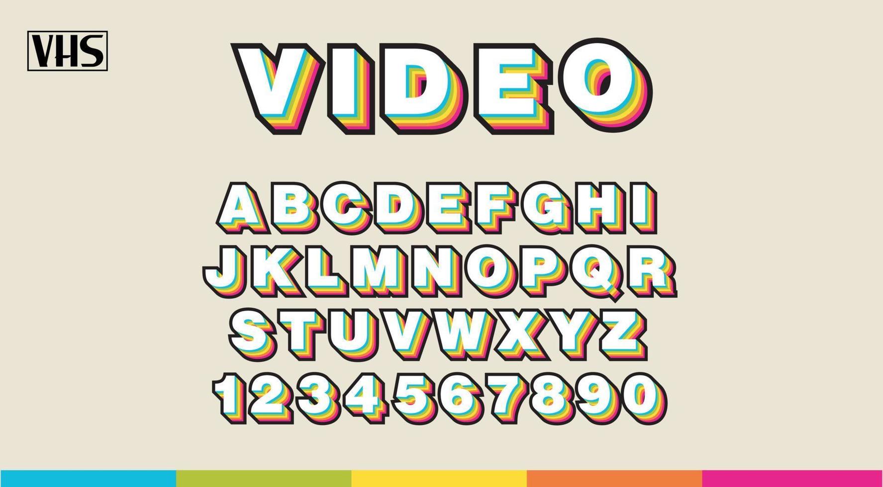 90's VHS Alphabet, Rainbow colors sans serif letters and numbers. Analog retro font. vector