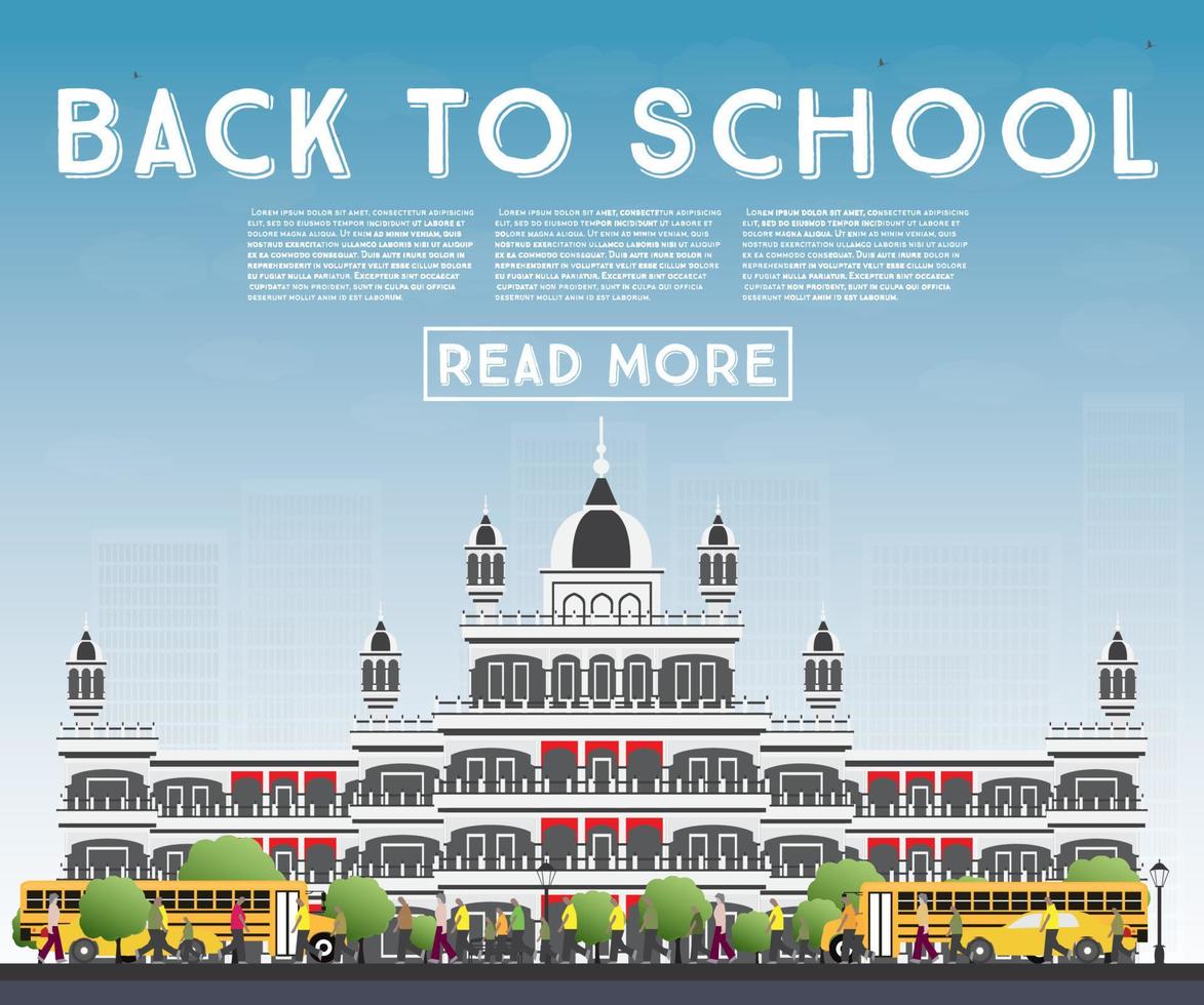 Back to School. Banner with School Bus, Building and Students. vector