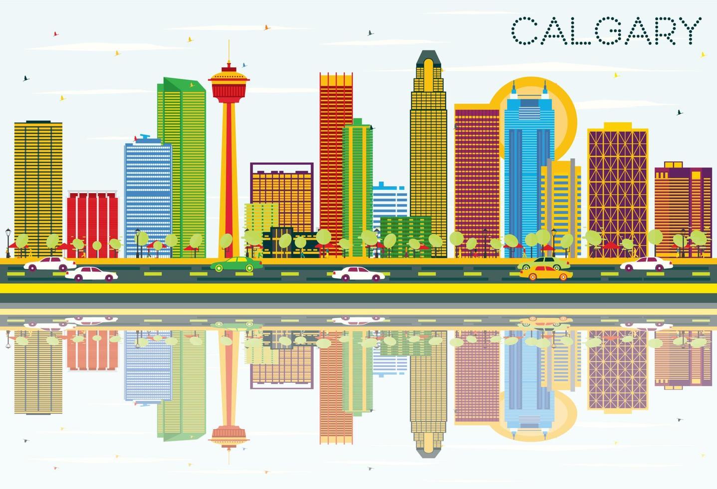 Calgary Skyline with Color Buildings, Blue Sky and Reflections. vector