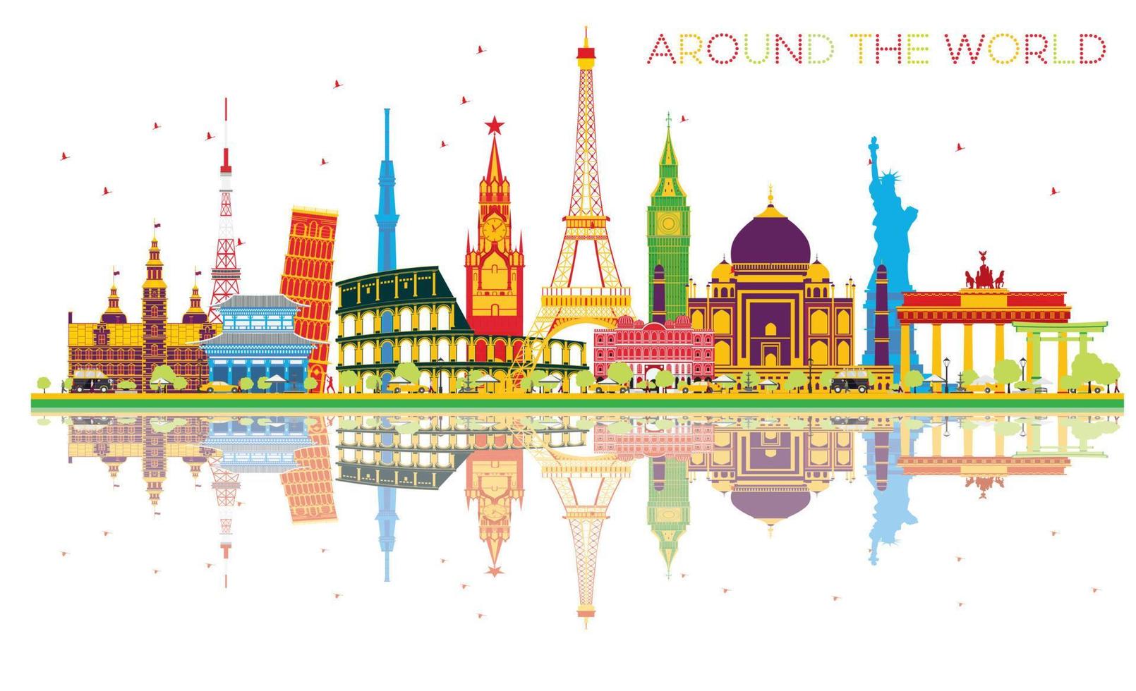 Travel Concept Around the World with Famous International Landmarks and Reflections. vector