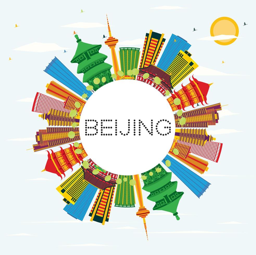 Beijing Skyline with Color Buildings, Blue Sky and Copy Space. vector