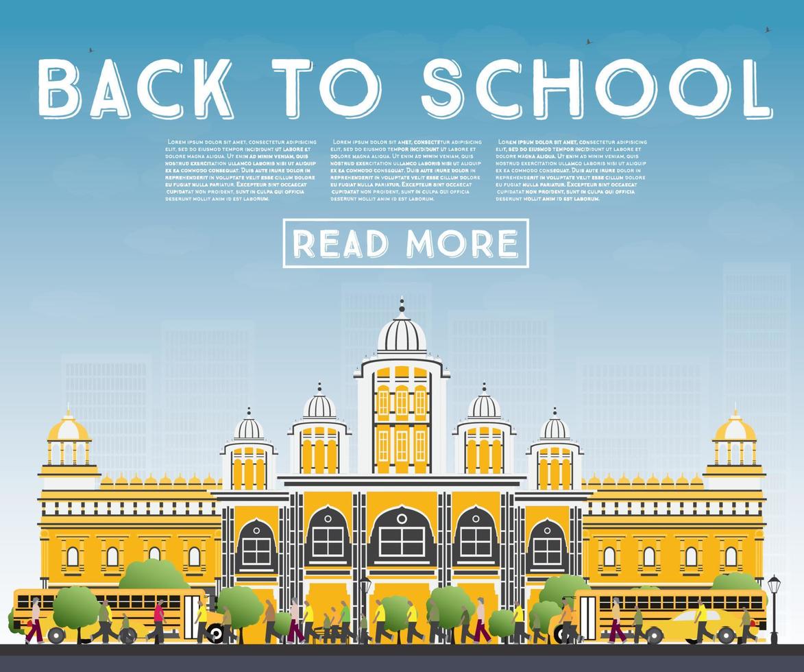 Back to School. Banner with School Bus, Building and Students. vector
