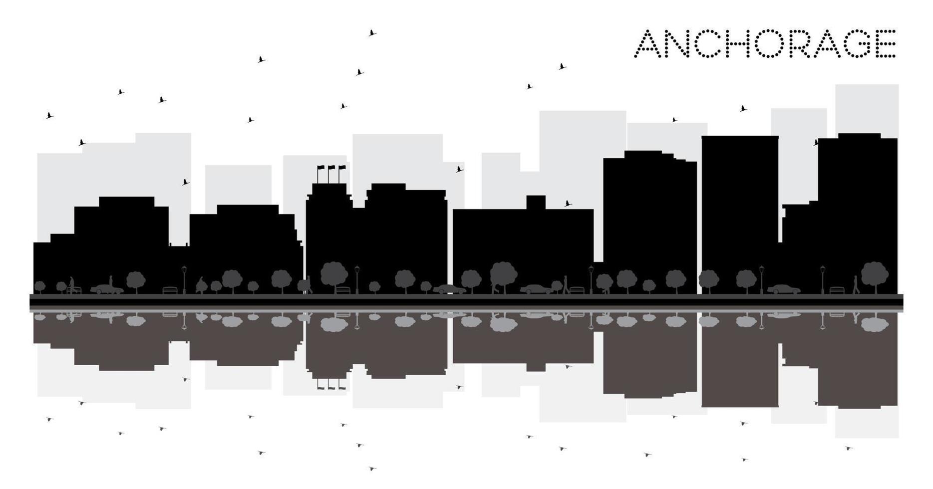Anchorage city skyline silueta en blanco y negro con reflejos. vector