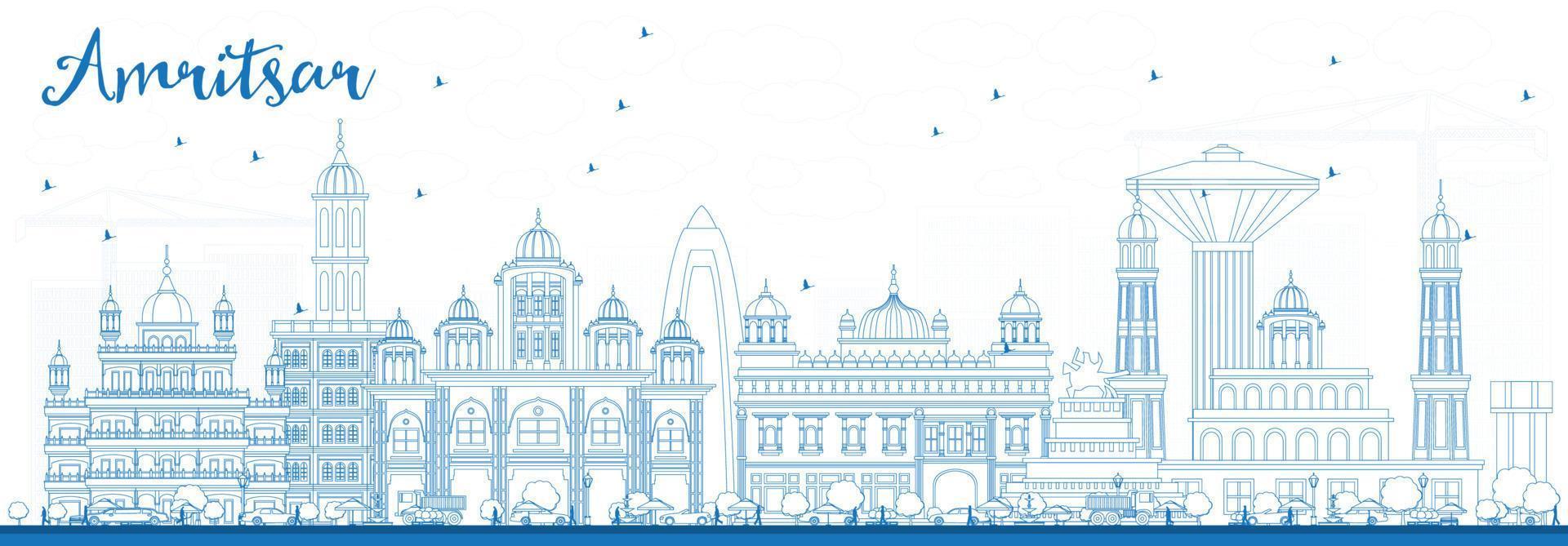 delinear el horizonte de amritsar con edificios azules. vector