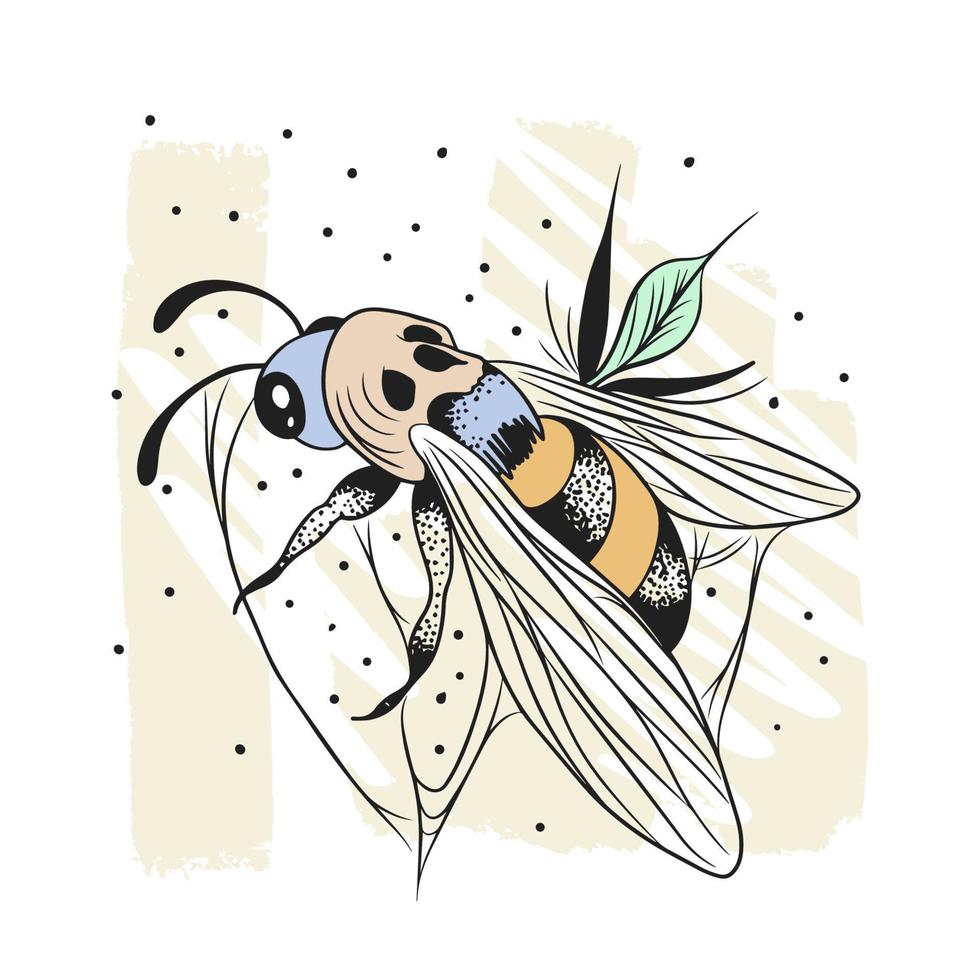 Mystical bee with a skull, contour drawing, graphics, dotwork vector
