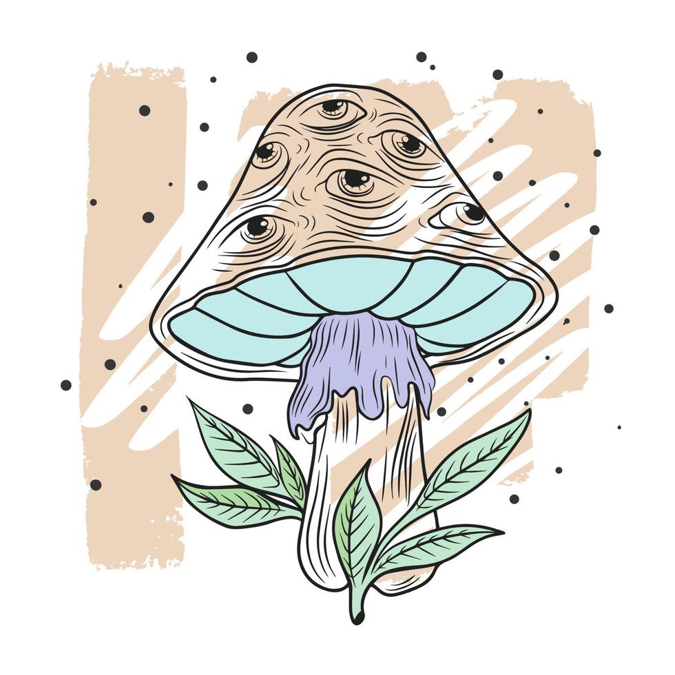 Magic mushroom with eyes and leaves, contour drawing, graphics vector