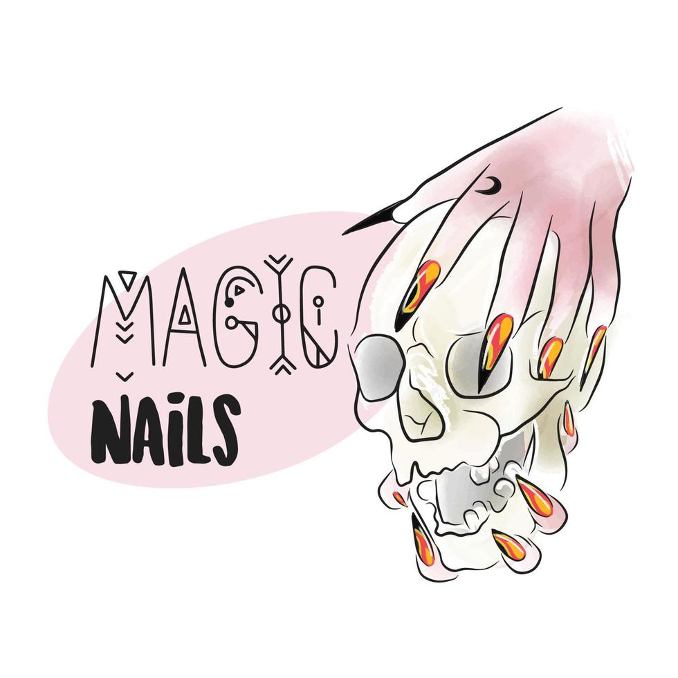Magical nails, handwritten quote, a hand with long nails holds a skull vector