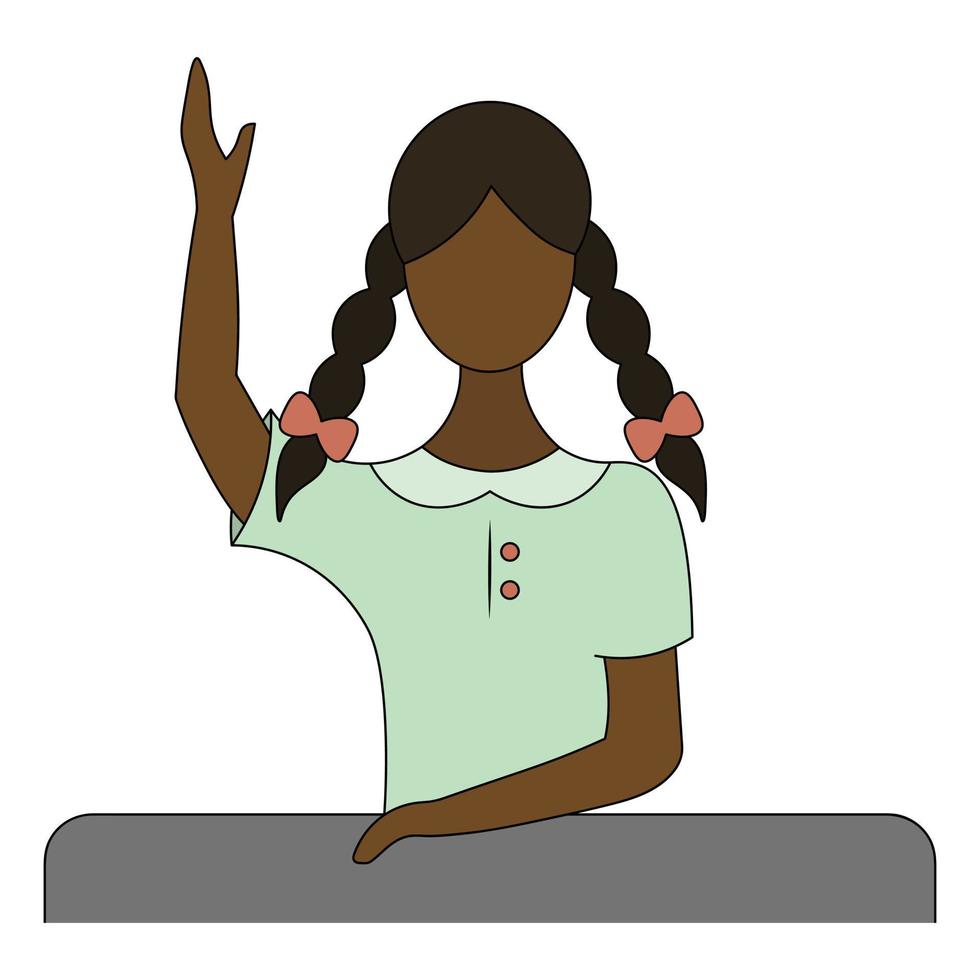 The schoolgirl raises her hand to answer the question. African American girl with pigtails sits at a school desk front view. Green blouse. Color vector illustration. Cartoon style. School theme.