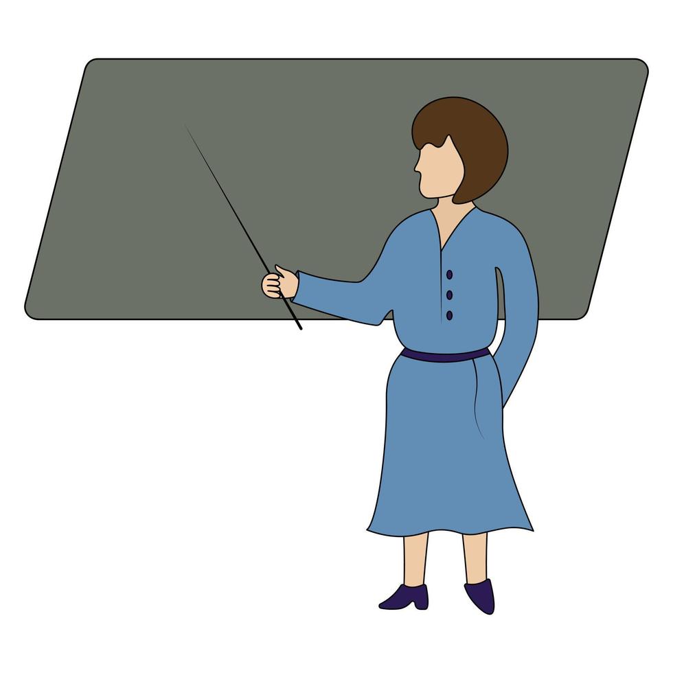 The teacher teaches a lesson at school. A woman in a blue dress points to a blackboard with a pointer. Color vector illustration. School theme. Cartoon style. Isolated background.