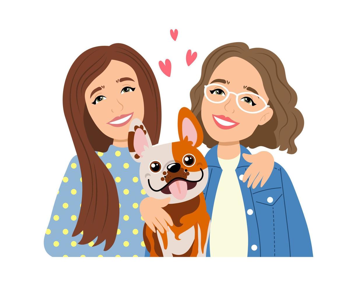 Cute happy girls with funny dog. The concept of love and care for pets.  Illustration, vector 12941498 Vector Art at Vecteezy